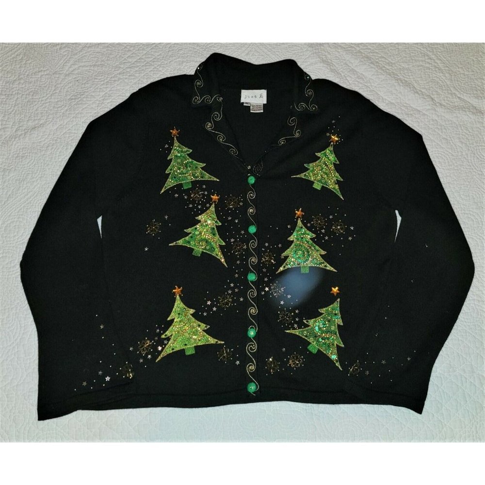 Vintage Retro 1990's Just B Christmas Jeweled Christmas Trees Cardigan Ugly Xl